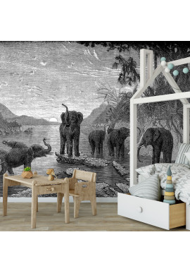 Papier Peint Panoramique - Gravure - Les Eléphants - Ciment Factory